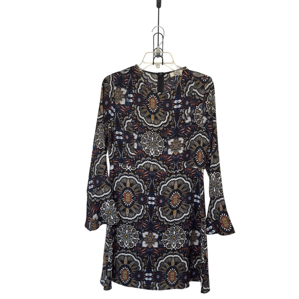 Molly Bracken Small 70s Boho Whimsigoth Fit & Flare Dress Bell Sleeves Tribal